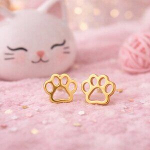 18K Gold Plated Paw Print Stud Earrings Stainless Steel Hypoallergenic Dog Cat